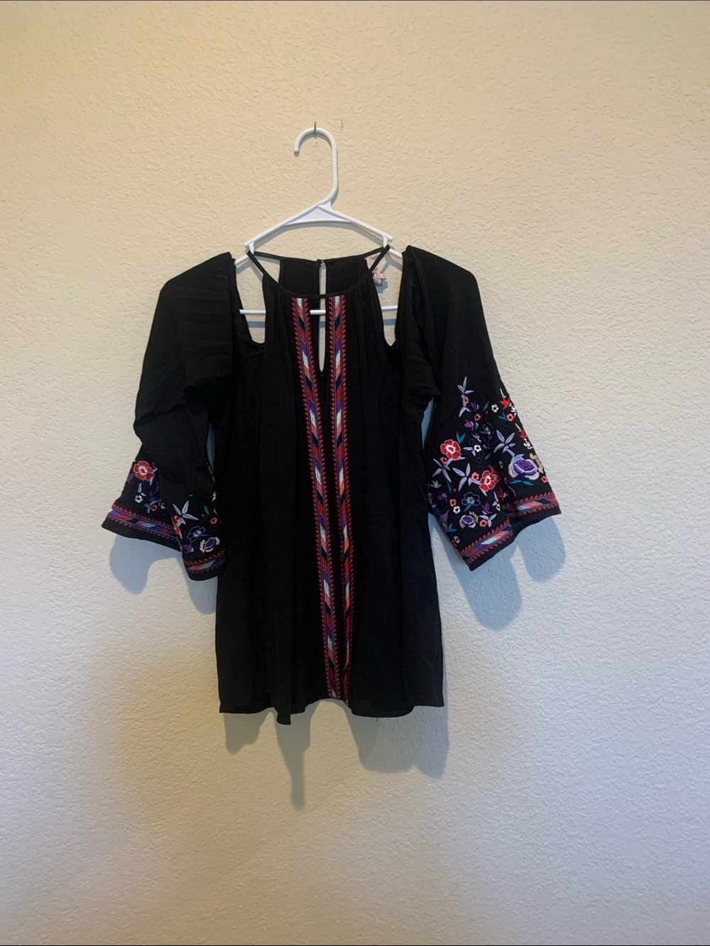 Parker Black Embroidered Peasant Top with Multicolor Floral Sleeves